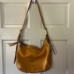 Fossil Leather Shoulder Hobo Bag in Mustard Tan With Gold Buckles